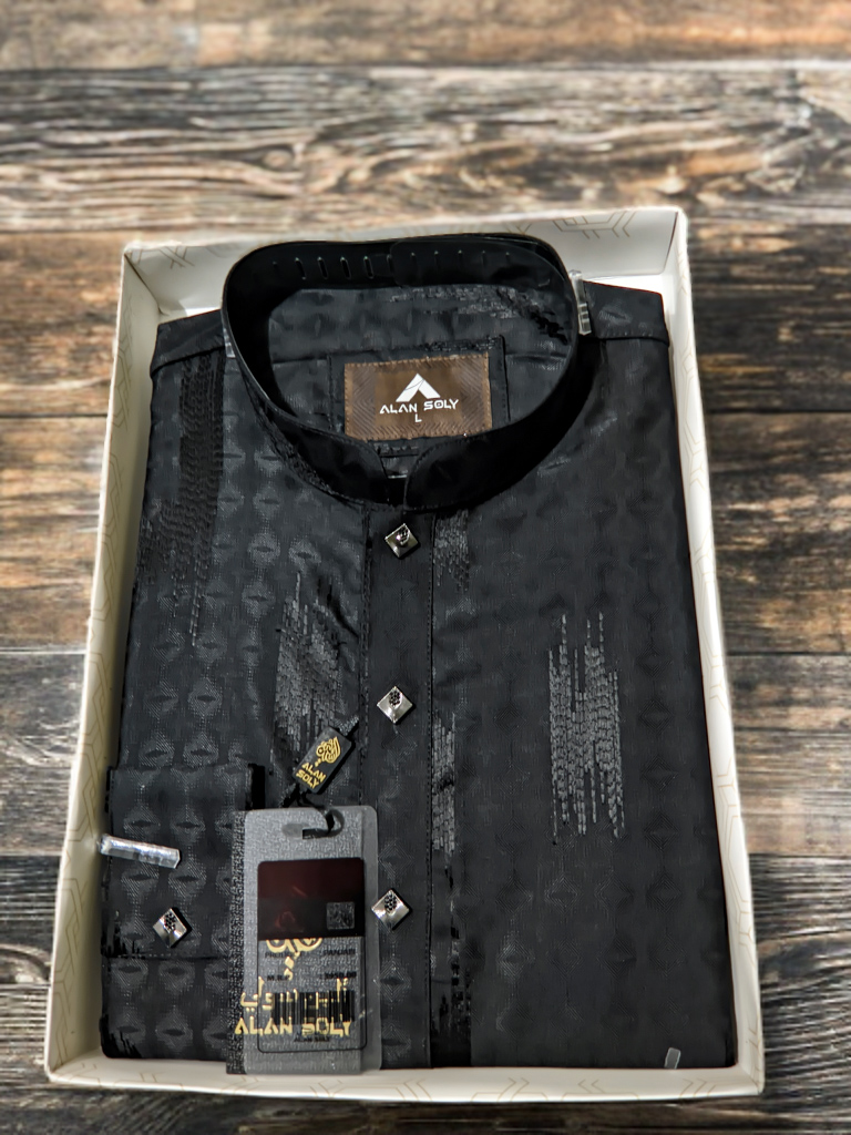 Sequins embroidered black cuff sleeve punjabi for men